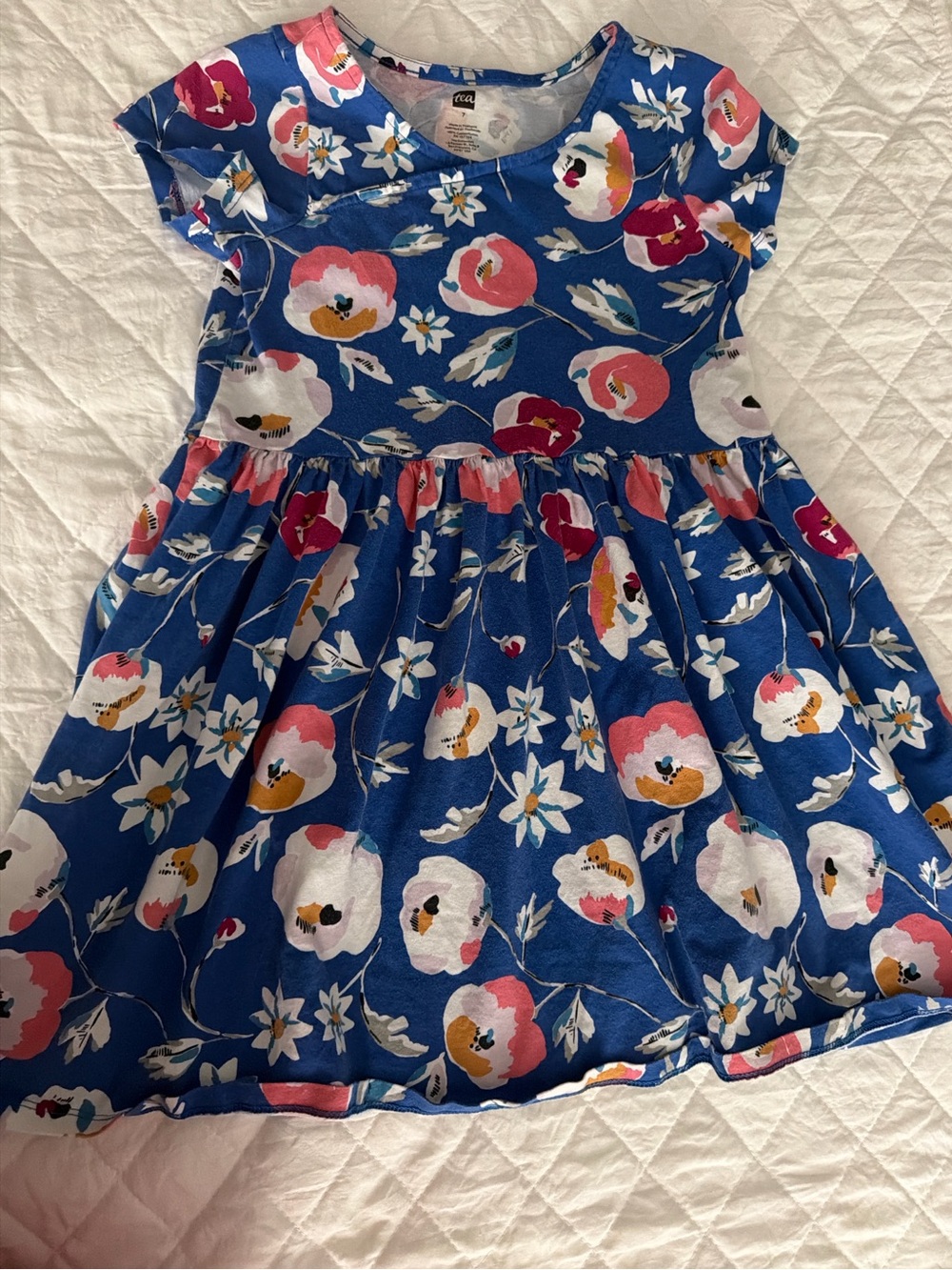 TEA collection Girls Blue Floral Cotton Dress with Pink & White Blooms